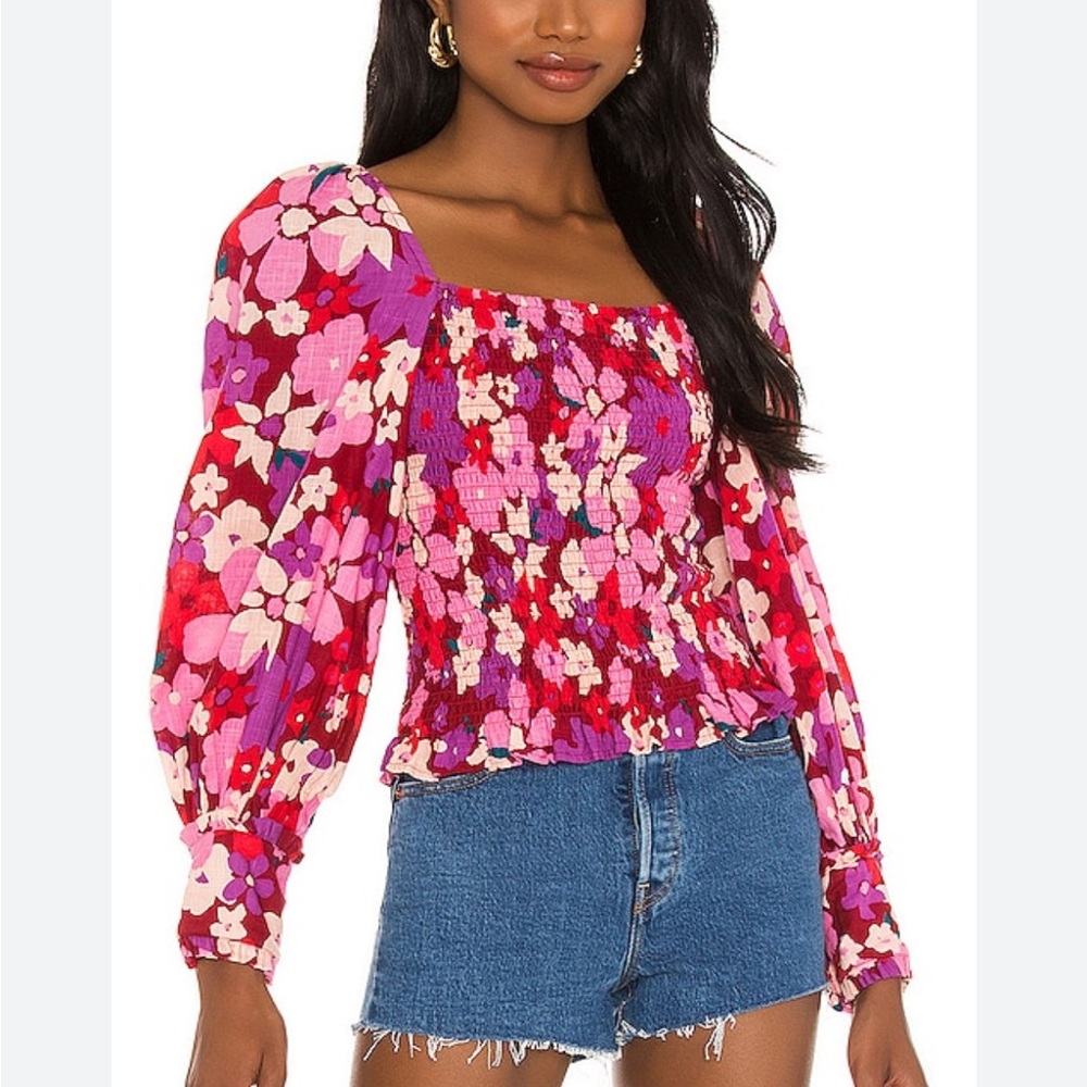 Free People | Ariana Printed Top Floral Smocked Puff Sleeve